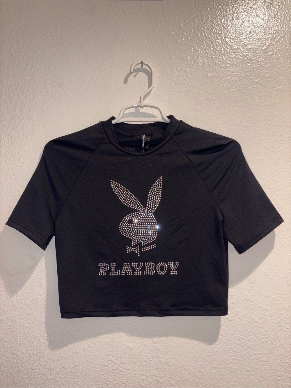 PLAYBOY Black Rhinestone Bunny Crop Tee